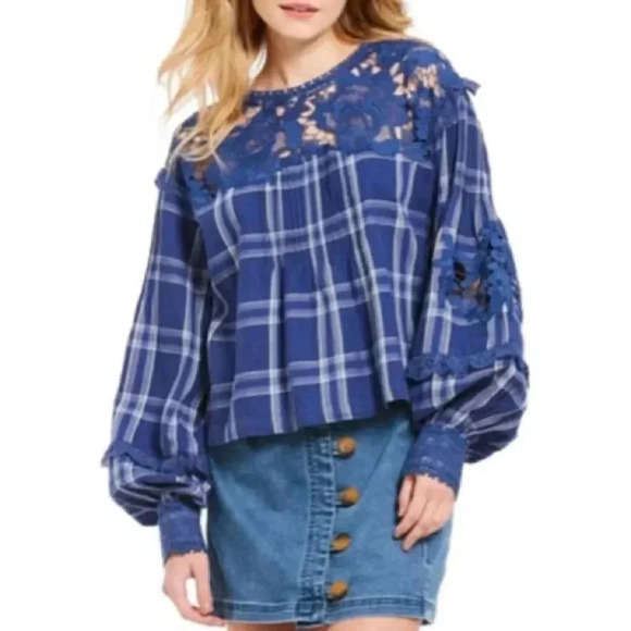 Free People Darling Diane Blue Plaid Long Sleeve Shirt Size Small - Picture 1 of 7